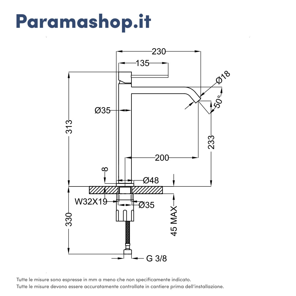 Miscelatore lavabo alto senza scarico cromato | Katharine