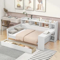 Divano letto multifunzionale 90x200 cm, con mensola per comodino, 2 cassetti e scrivania integrata, senza materasso, Bianco