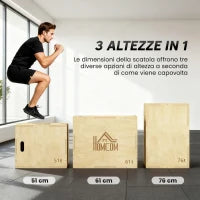Plyo Box in Legno a 3 Altezze, Jumping Box Pliometrico Capacità 120kg, 61x51x76cm