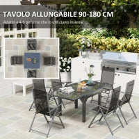 Set da Giardino con Tavolo Allungabile in Vetro e 6 Sedie da Esterno Pieghevoli, Acciaio e Textilene, Grigio
