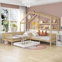 Letto per bambini a forma di casetta con cassetti e scaffali, senza materasso, 90x200 cm + 140x70 cm,naturale