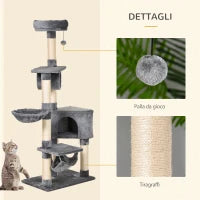 Tiragraffi a Colonna per Gatti con Cuccia, Amaca, Lettini Sospesi e Pali in Corda Sisal, Grigio, 60x40x154cm