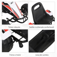 Go-Kart a Pedali Bianco per Bambini 3-6 Anni con Sedile Regolabile, Ruote in Plastica, Freno a Mano e Cambio