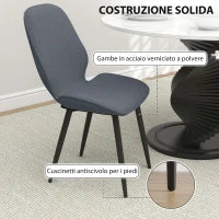 Set 2 Sedie da Pranzo con Schienale Ricurvo, in Tessuto Effetto Lino, Schiuma e Acciaio, 46x56x86 cm, Grigio e Nero