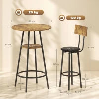 Set tavolo da bar a 3 pezzi con 2 sgabelli imbottiti, rivestimento in eco-pelle, schienale, struttura in metallo, Marrone