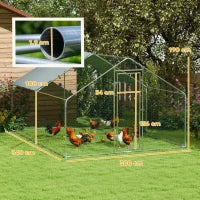 Recinto per Galline da 10.2m² per 10-15 Galline con Tetto Impermeabile, in Acciaio e Tessuto, 3x3.4x1.9 m, Argento