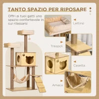 Albero Tiragraffi per Gatti con Casetta, 2 Lettini, Amaca e Pallina, in Legno, Poliestere e Sisal, 60x40x130 cm