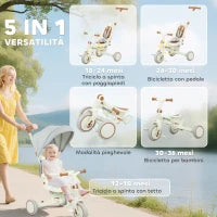 Triciclo per Bambini 5 in 1 con Maniglione di Spinta e Copertura Rimovibile, 96.5x49x101 cm, Bianco Crema