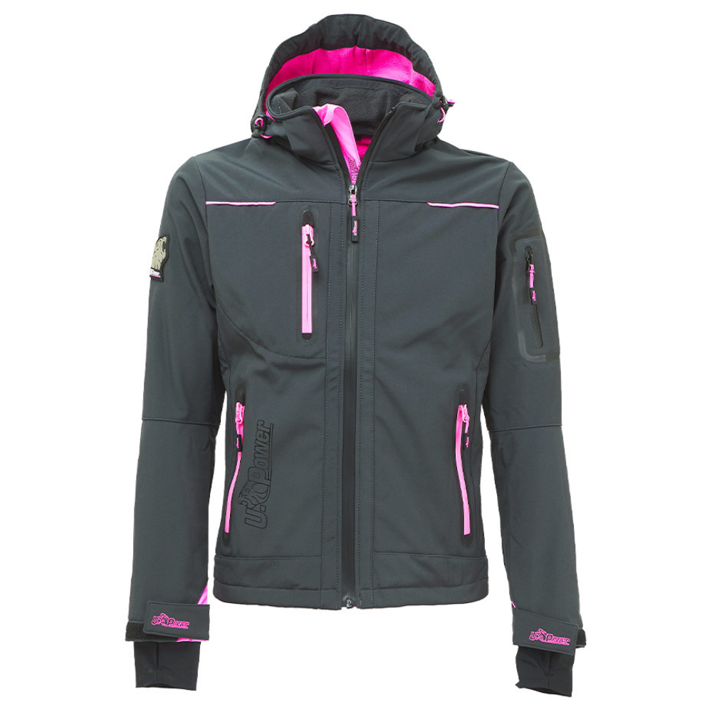 Giacca lavoro donna softshell chiusura zip cappuccio colore grey fucsia upower *** misura large - l, confezione 1