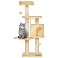 Albero Tiragraffi per Gatti in Legno a 4 Livelli con Cuccia, Giocattoli, Pallina e Corda, Altezza 114 cm