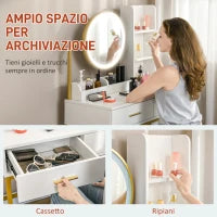 Toeletta Tavolo Trucco con Specchio Illuminato a LED e Sgabello, Cassetti e Ripiani, Bianco