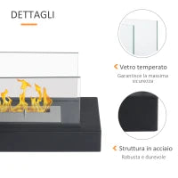 Camino a Bioetanolo da Tavolo 830 W Bruciatori senza Residui Inodore In Acciaio Inox con Vetro 35x18x21 cm Nero