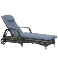 Sdraio da Giardino in Polirattan con Schienale Regolabile in 5 Posizioni, Cuscino, Ruote, Portata 160 kg, Sedia Sdraio Relax per Giardino, 200x73x30-103cm, Grigio