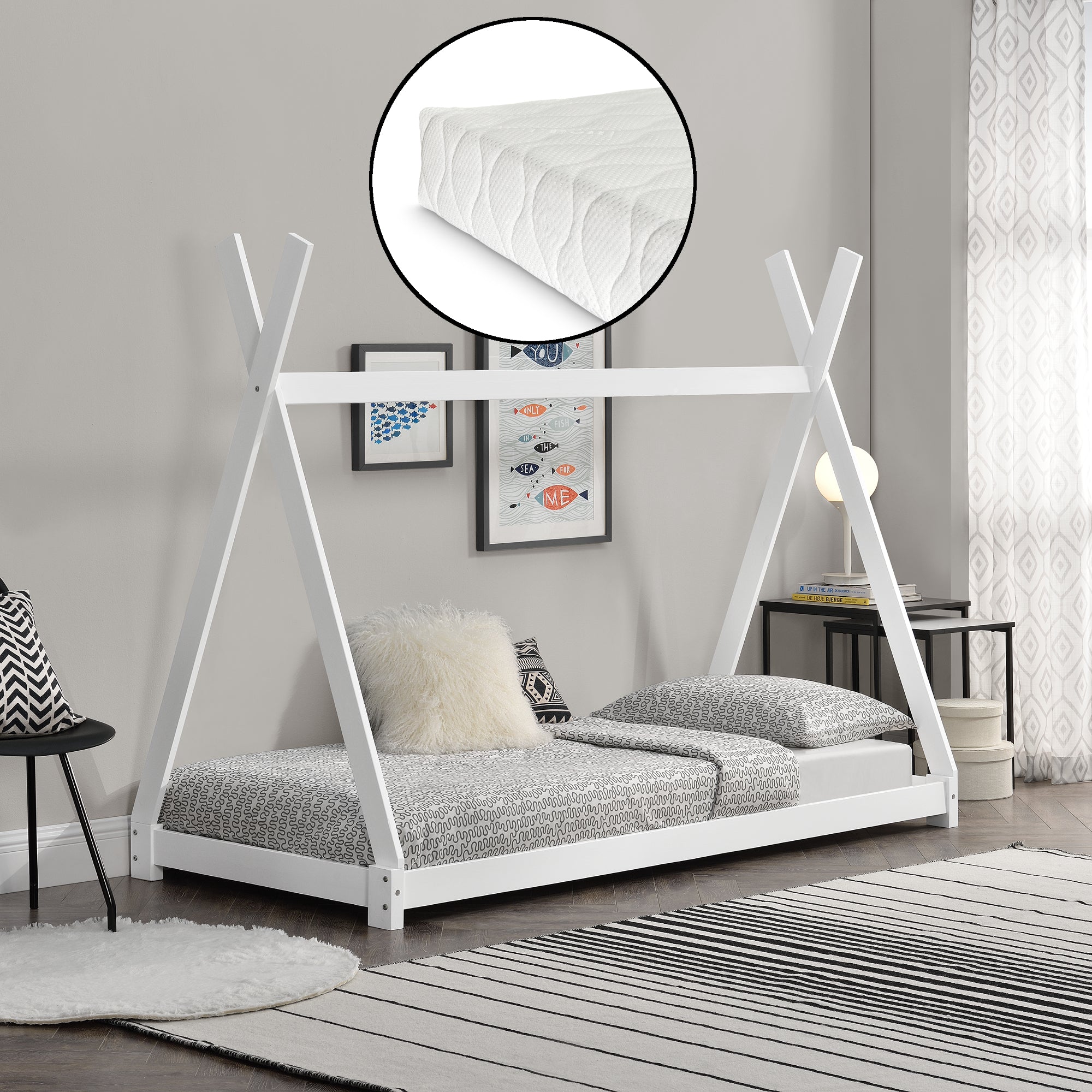 Letto per Bambini con Materasso 90 x 200 cm Tenda Indiana Tipi - bianco opaco [en.casa]