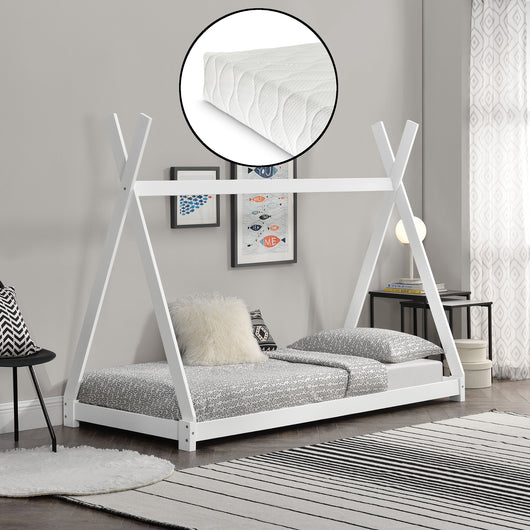 Letto per Bambini con Materasso 90 x 200 cm Tenda Indiana Tipi - bianco opaco [en.casa]