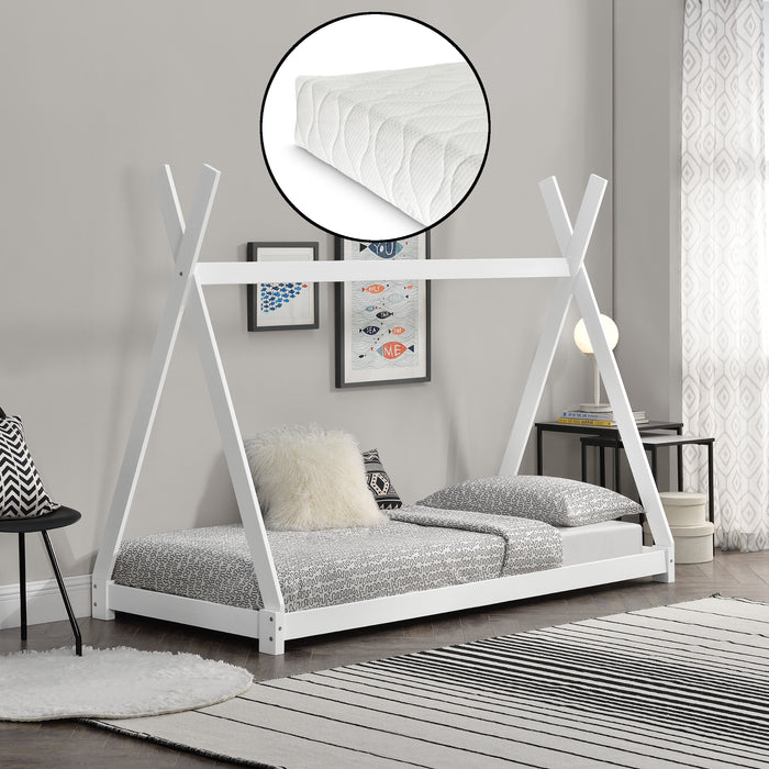 Letto per Bambini con Materasso 90 x 200 cm Tenda Indiana Tipi - bianco opaco [en.casa]