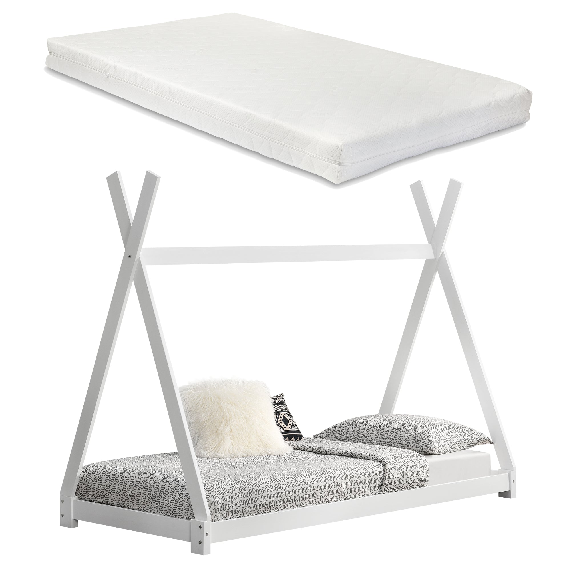 Letto per Bambini con Materasso 90 x 200 cm Tenda Indiana Tipi - bianco opaco [en.casa]