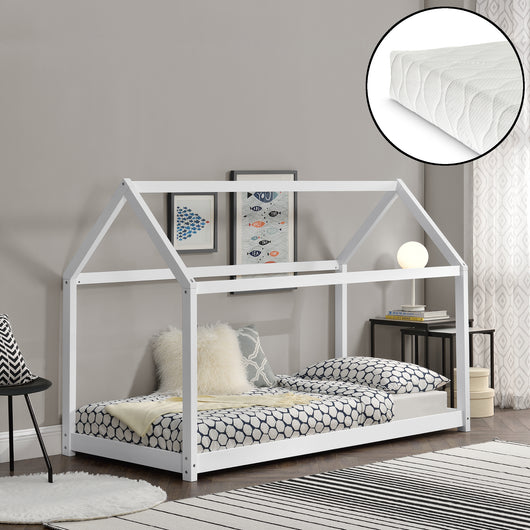 Letto per Bambini con Materasso 200 x 90 cm Forma di Casetta - Bianco opaco [en.casa]