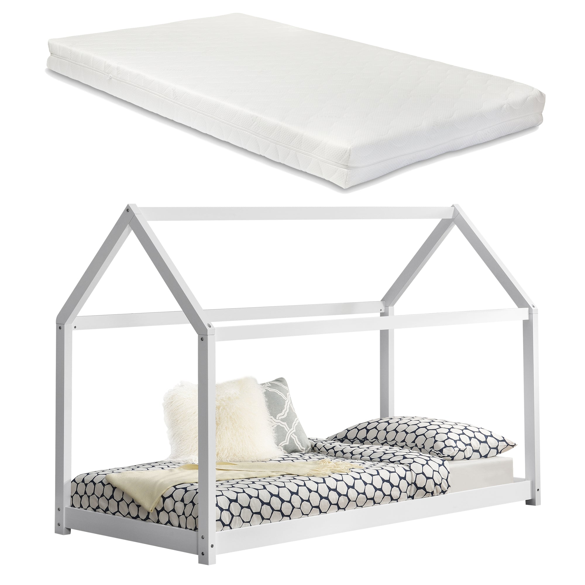 Letto per Bambini con Materasso 200 x 90 cm Forma di Casetta - Bianco opaco [en.casa]