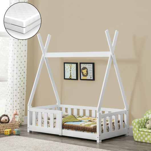 Letto a Capanna Helsingborg con Sponde e Materasso 70 x 140 cm Bianco [en.casa]