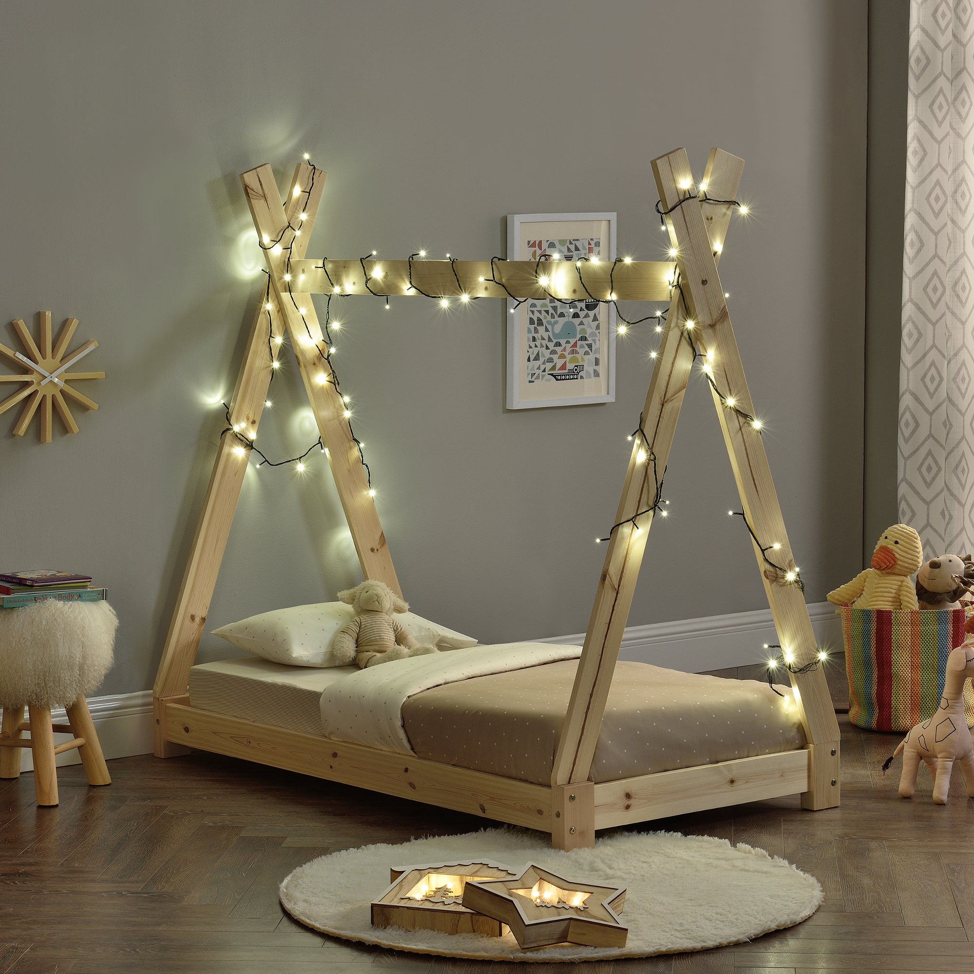 Letto per Cameretta Onejda a Forma di Capanna 70 x 140 cm Naturale [en.casa]