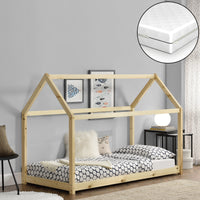 Letto per Bambino a Forma di Casetta con Materasso Ipoallergenico a Schiuma Fredda 70x140 cm Struttura in Legno in Stile