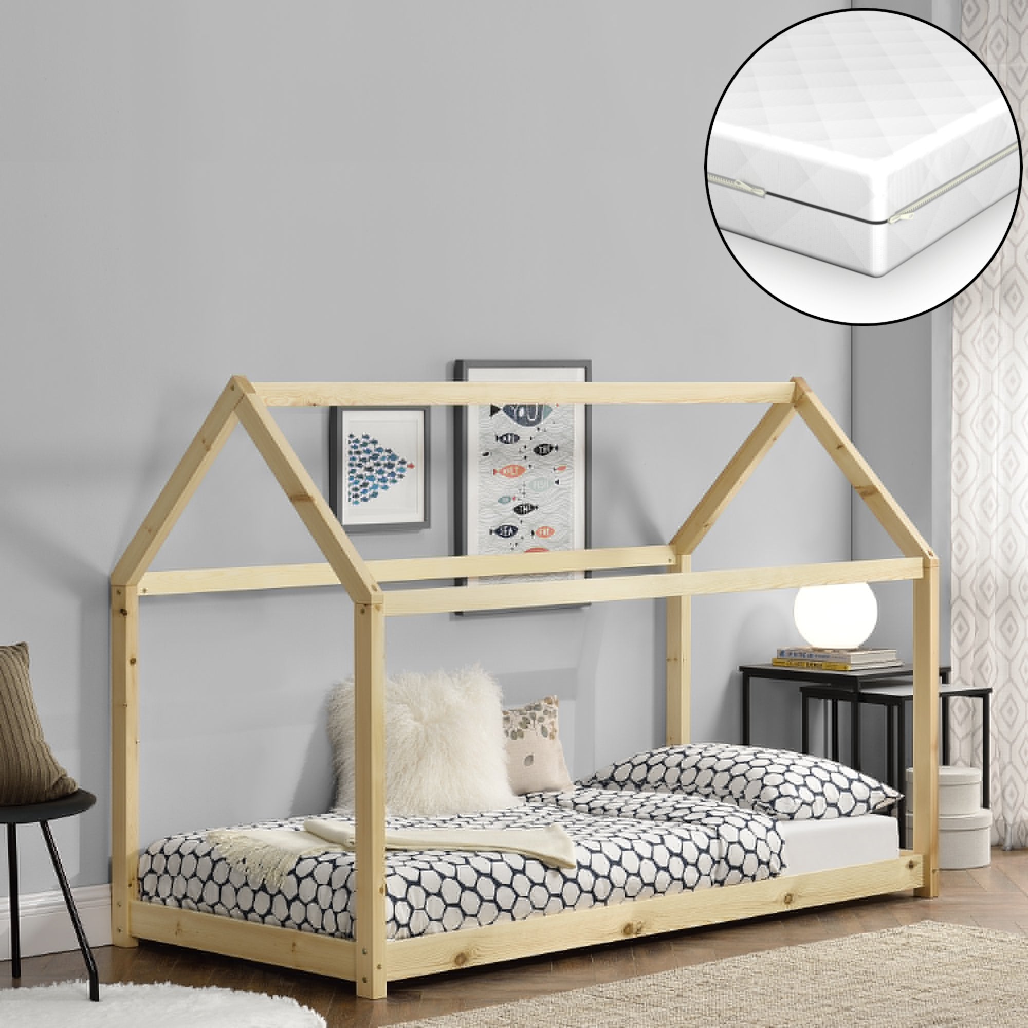 Letto per Bambino a Forma di Casetta con Materasso Ipoallergenico a Schiuma Fredda 70x140 cm Struttura in Legno in Stile