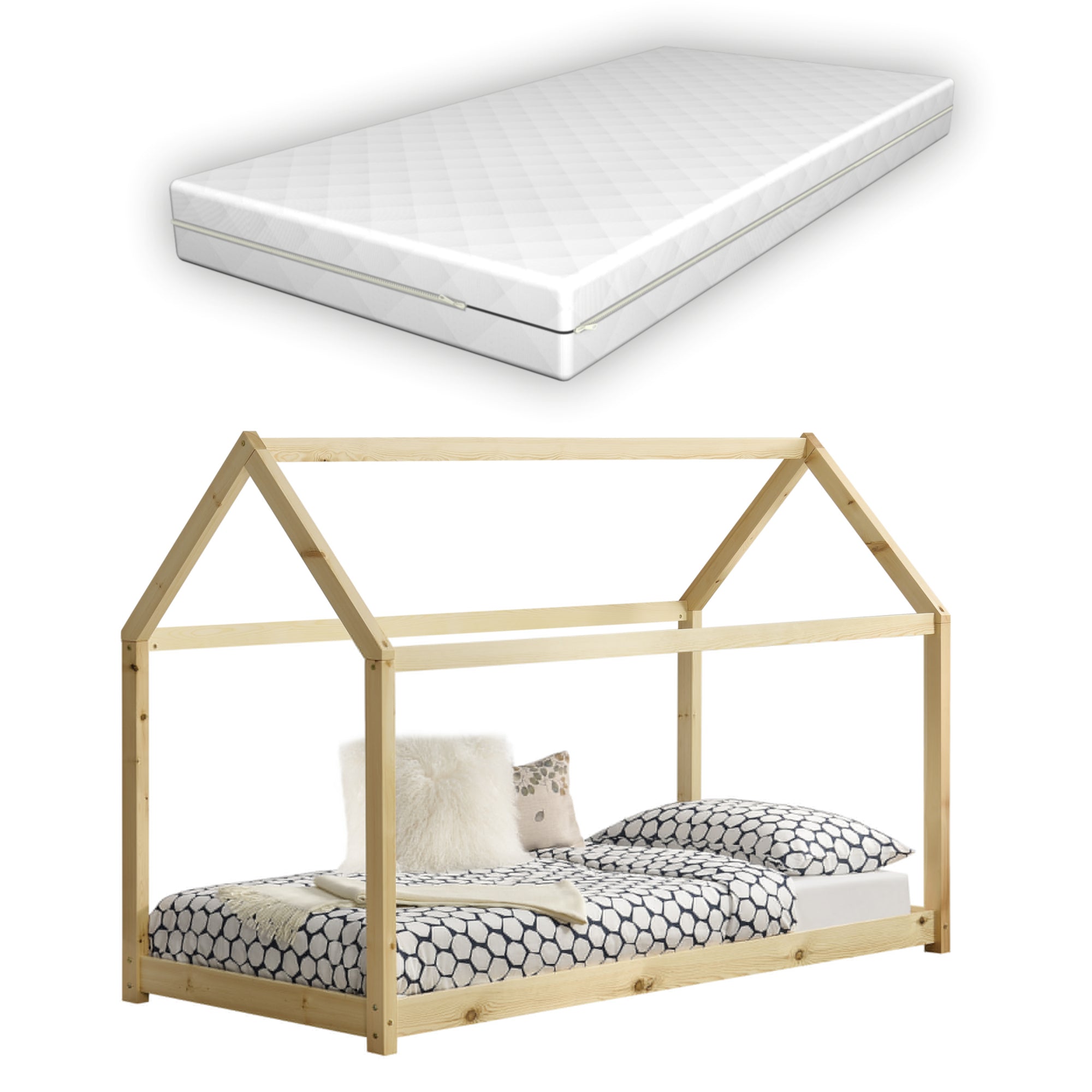 Letto per Bambino a Forma di Casetta con Materasso Ipoallergenico a Schiuma Fredda 70x140 cm Struttura in Legno in Stile