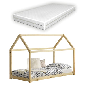 Letto per Bambino a Forma di Casetta con Materasso Ipoallergenico a Schiuma Fredda 70x140 cm Struttura in Legno in Stile