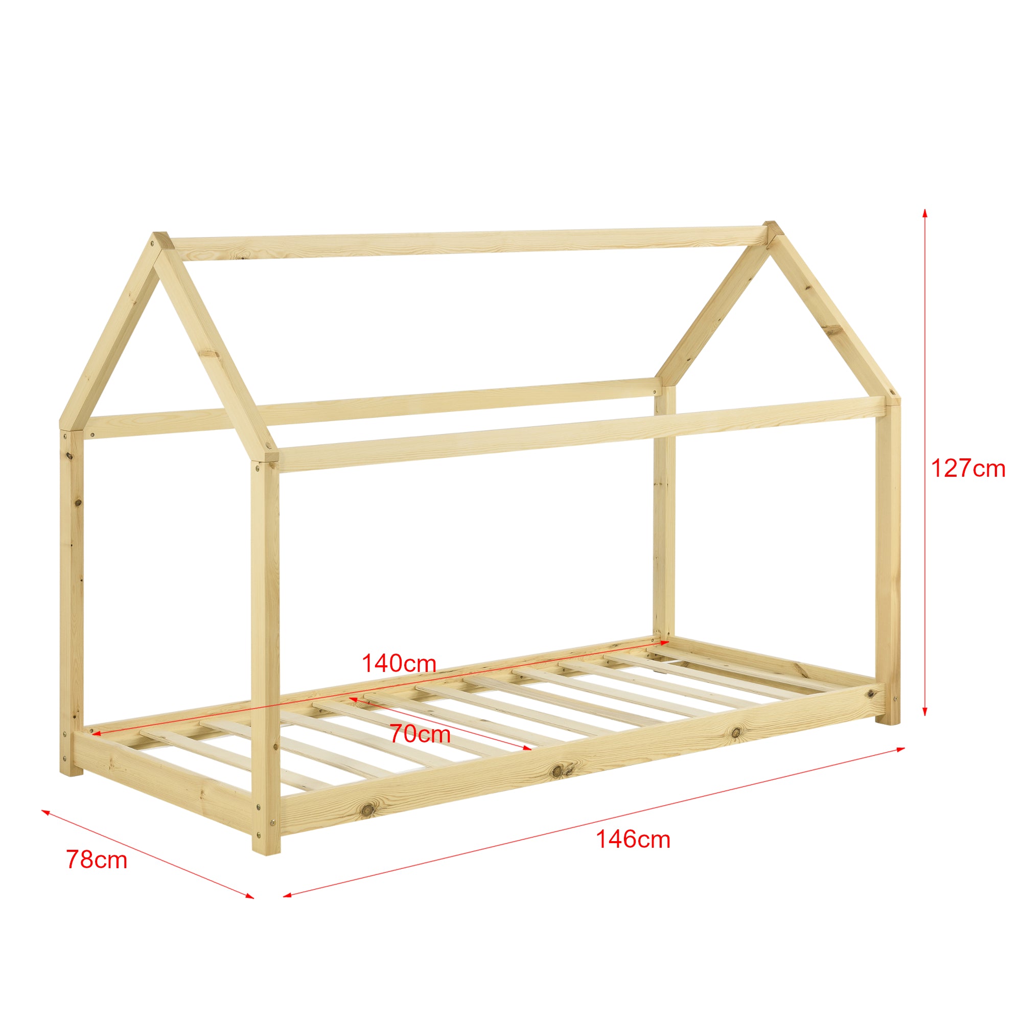 Letto per Bambino a Forma di Casetta con Materasso Ipoallergenico a Schiuma Fredda 70x140 cm Struttura in Legno in Stile
