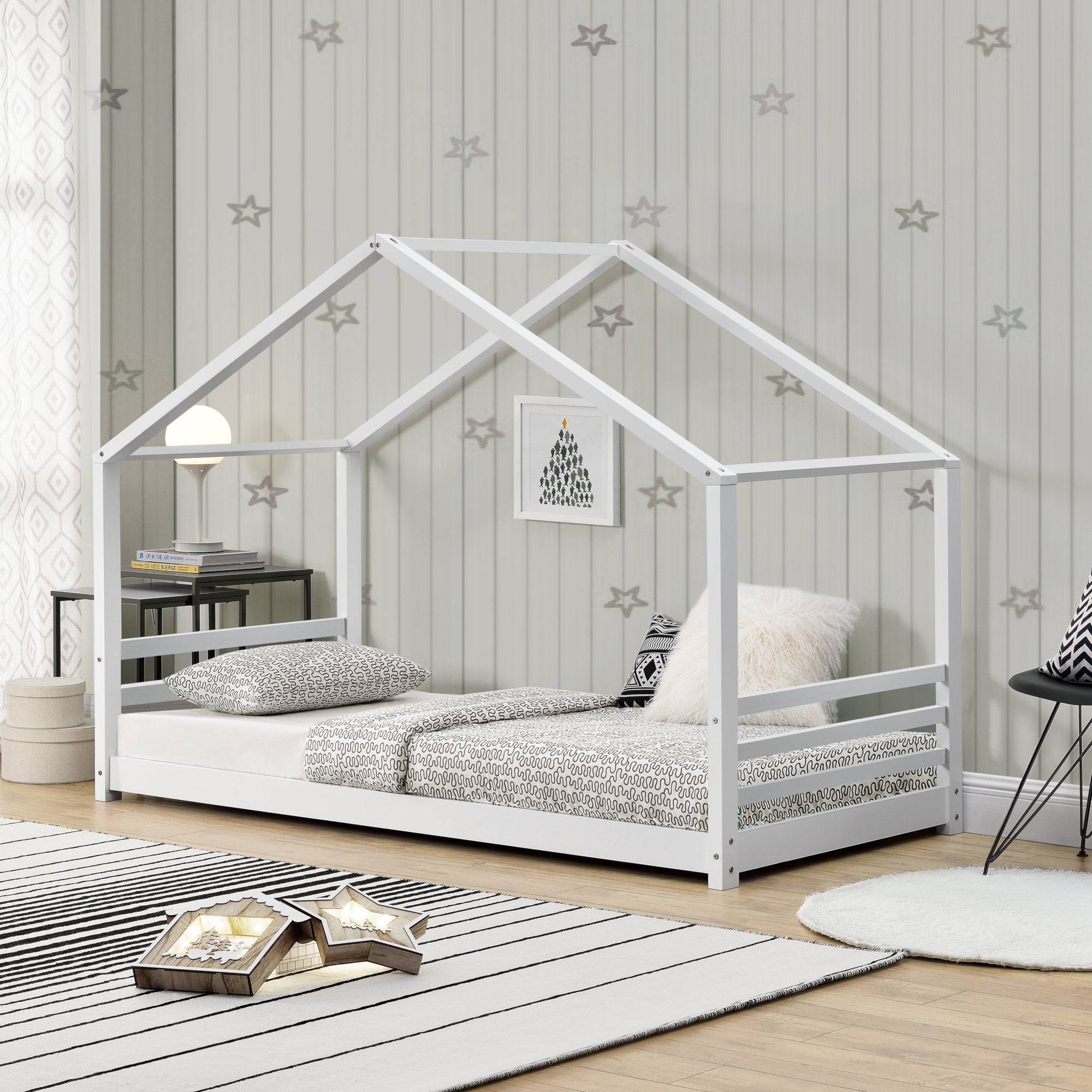 Letto a Casetta per Cameretta Vardø 90x200 cm Legno - Bianco [en.casa]