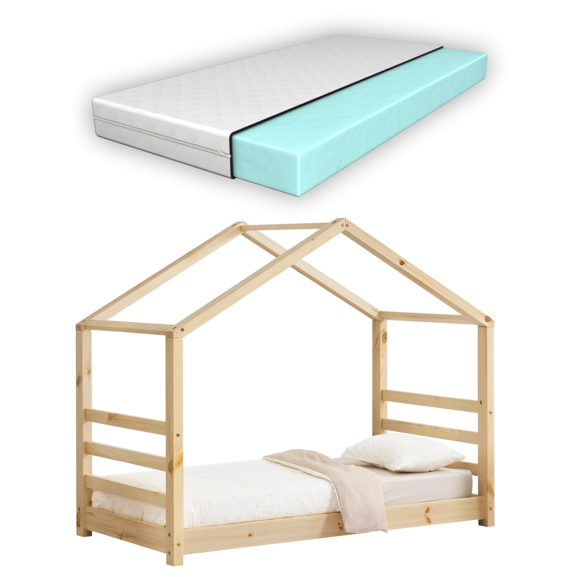 Letto a Casetta per Cameretta Vardø con Materasso 80x160 cm Legno Naturale [en.casa]