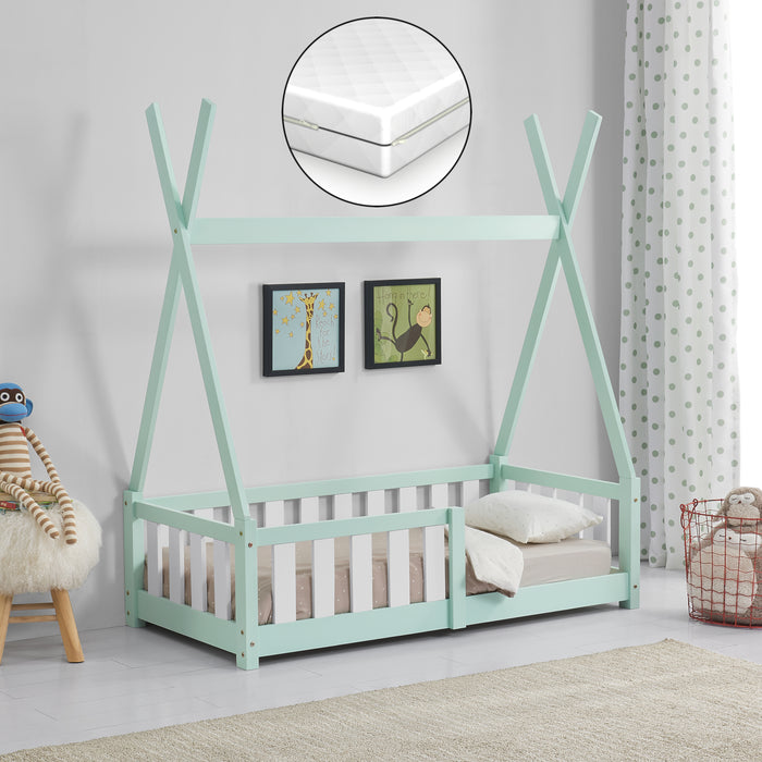 Letto a Capanna Helsingborg con Sponde e Materasso 70 x 140 cm Menta Verde [en.casa]