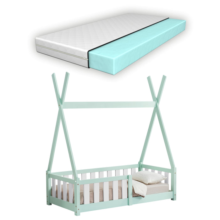 Letto a Capanna Helsingborg con Sponde e Materasso 70 x 140 cm Menta Verde [en.casa]