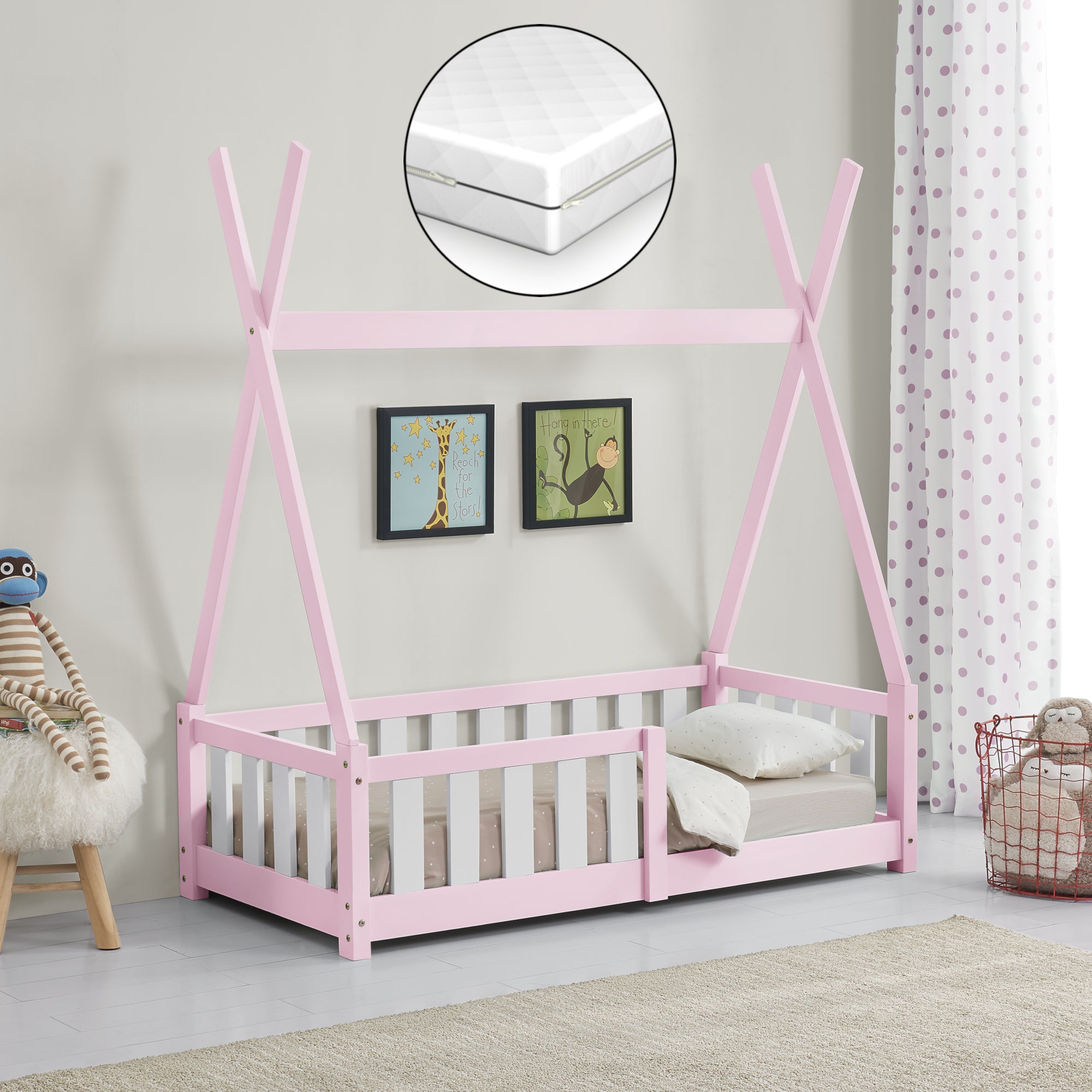 Letto a Capanna Helsingborg con Sponde e Materasso 70 x 140 cm Rosa [en.casa]