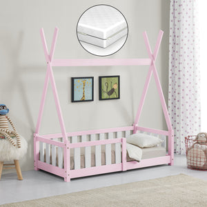 Letto a Capanna Helsingborg con Sponde e Materasso 70 x 140 cm Rosa [en.casa]