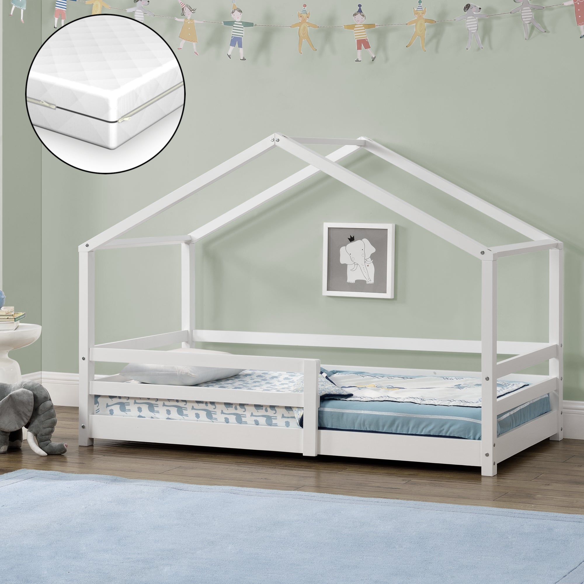 Letto per Bambino a Forma di Casetta con Barriere di Sicurezza e Materasso Ortopedico 70 x 140 cm Lettino in Legno di