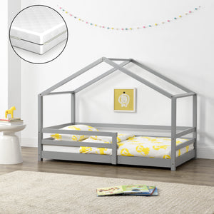 Letto per Bambino a Forma di Casetta con Barriere di Sicurezza e Materasso Ortopedico 70 x 140 cm Lettino in Legno di