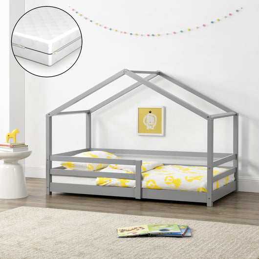 Letto per Bambino a Forma di Casetta con Barriere di Sicurezza e Materasso Ortopedico 70 x 140 cm Lettino in Legno di