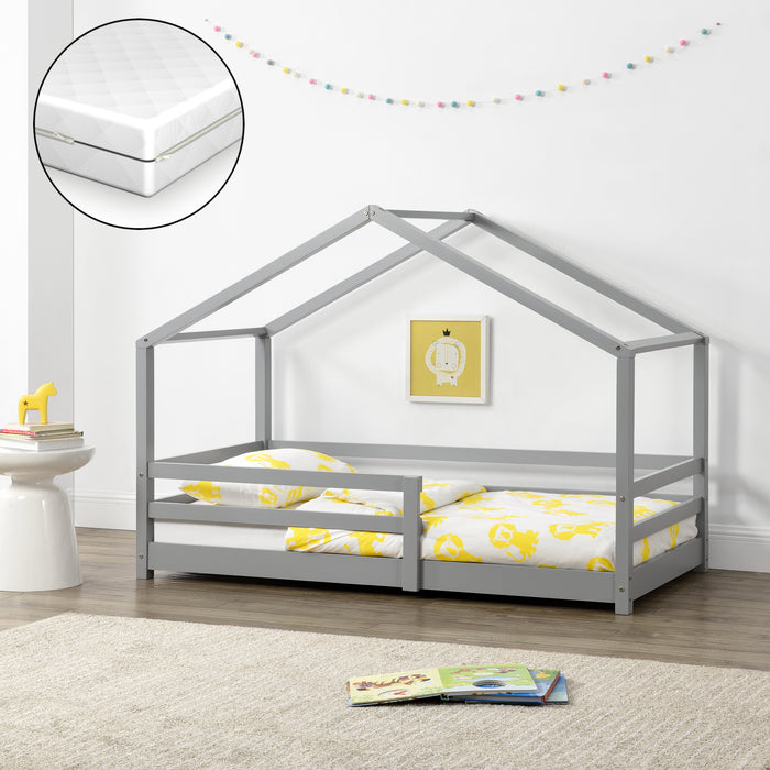 Letto per Bambino a Forma di Casetta con Barriere di Sicurezza e Materasso Ortopedico 70 x 140 cm Lettino in Legno di