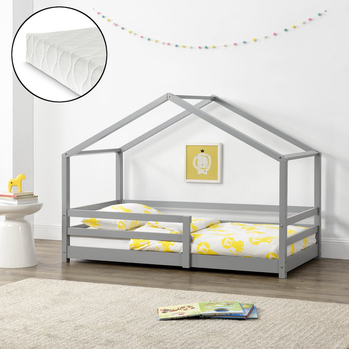 Letto per Bambino a Forma di Casetta con Barriere di Sicurezza e Materasso Ortopedico 90 x 200 cm Lettino in Legno di