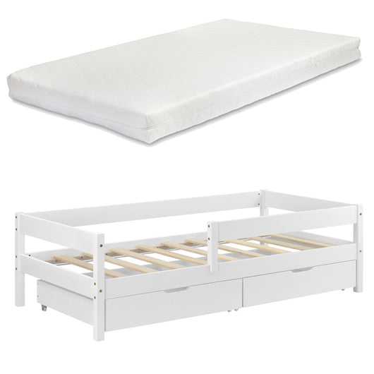 Letto per Bambino/Gioventú con 2 Cassetti Portabiancherie e Materasso Ipoallergenico a Schiuma Fredda 90x200 cm Lettino