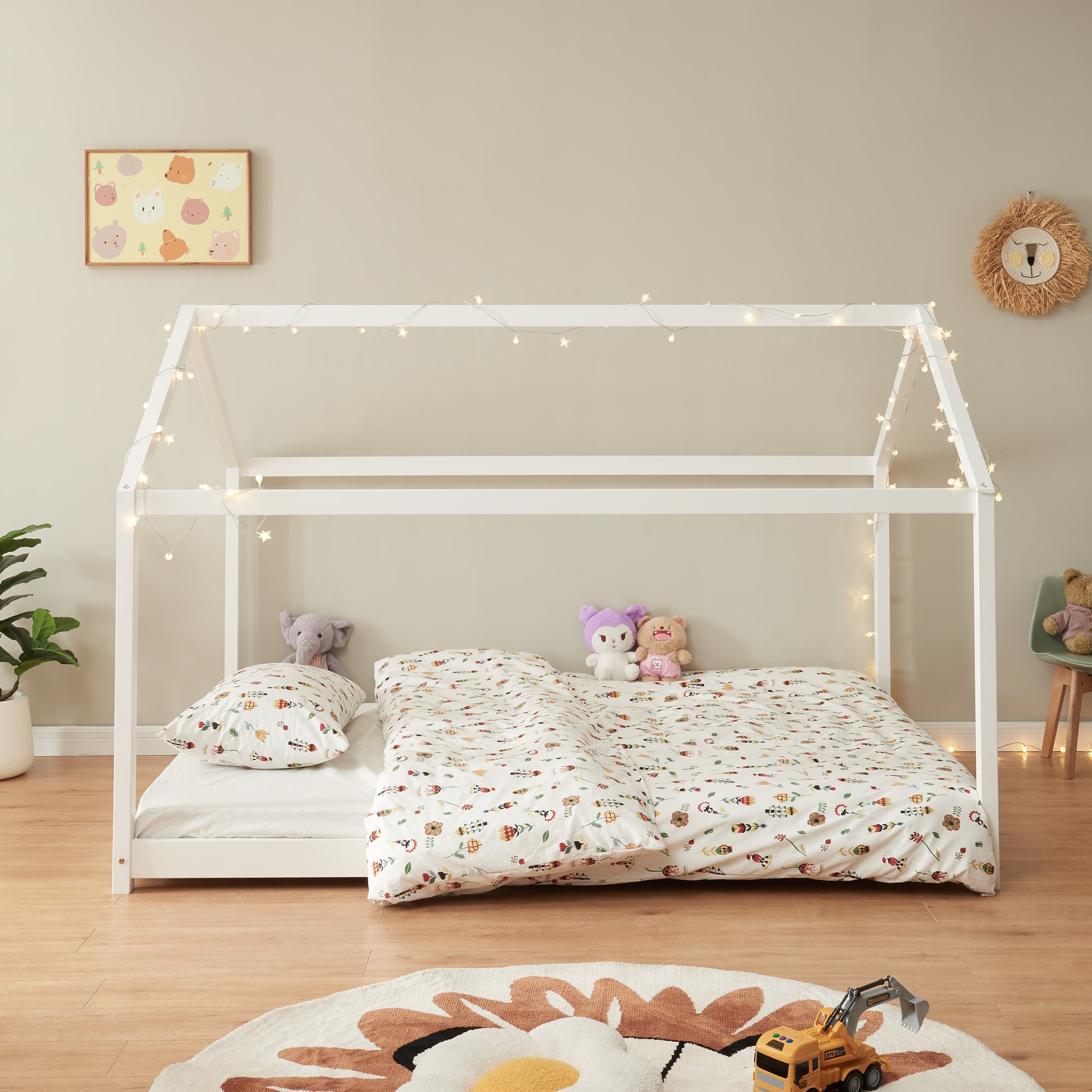 Letto per Cameretta 'Cerro' a Forma di Casetta con Materasso 120 x 200 cm Legno di Pino Bianco [en.casa]