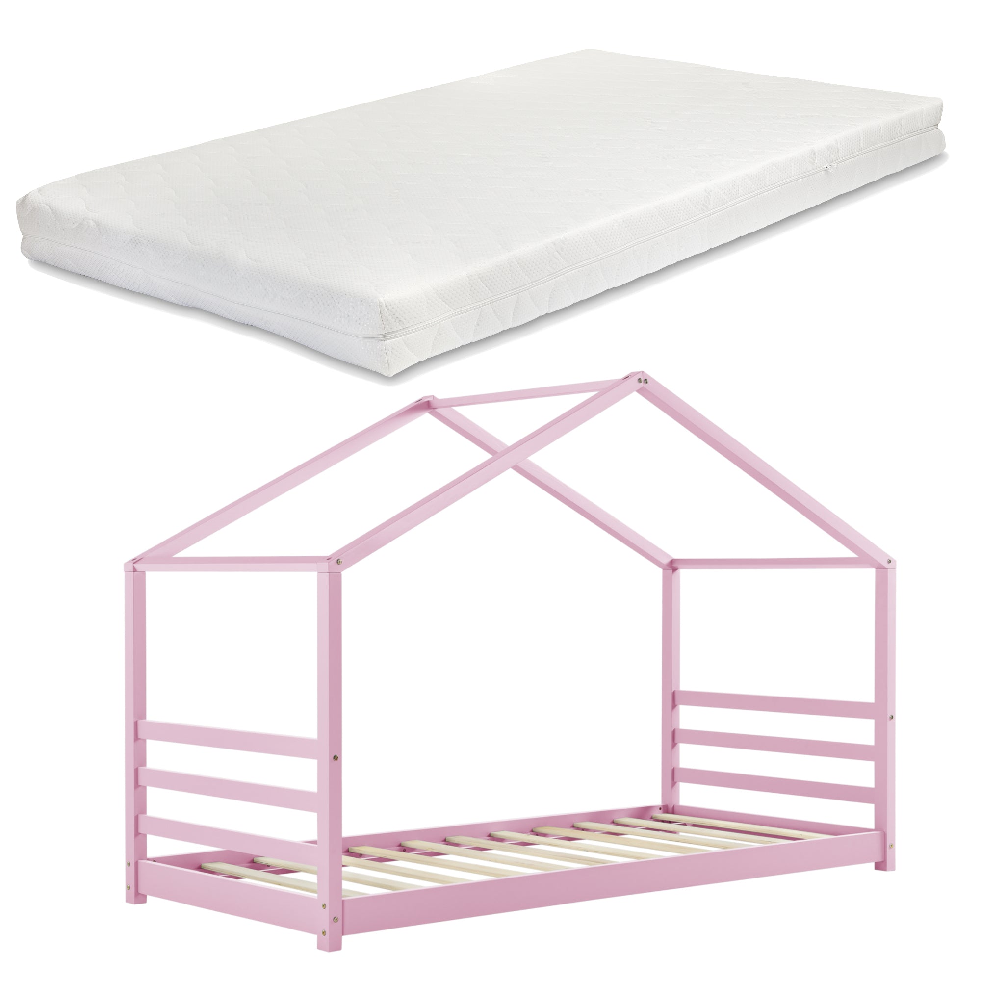 Letto a Casetta per Cameretta Vardø con Materasso 90x200 cm Rosa [en.casa]