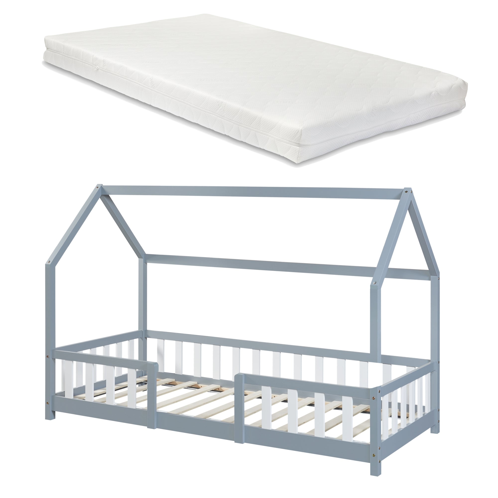 Letto per Cameretta Sisimiut a Forma di Casetta con Materasso 90x200 cm Grigio chiaro / Bianco [en.casa] [neu.haus]