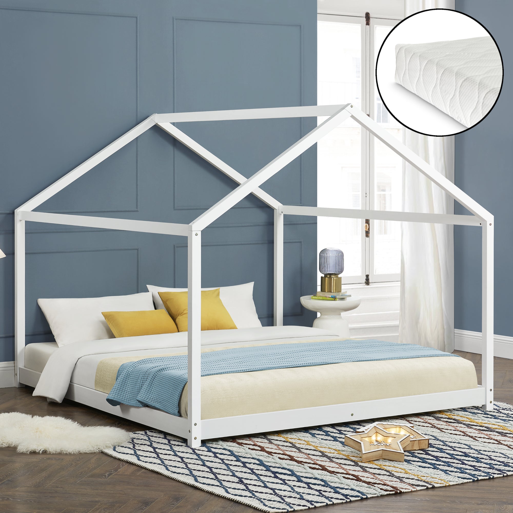 Letto per Cameretta 'Cerro' a Forma di Casetta con Materasso 180 x 200 cm Legno di Pino Bianco [en.casa]