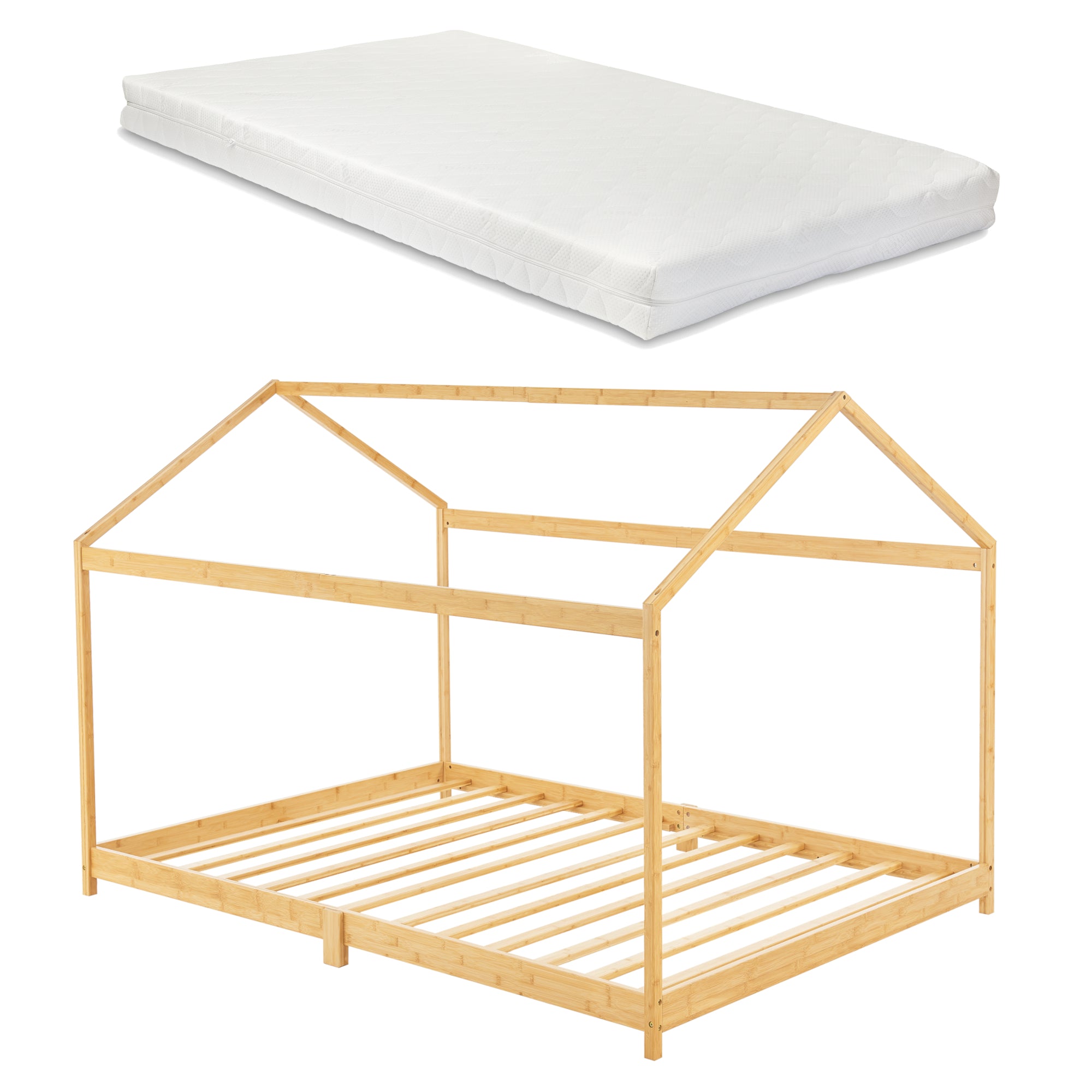 Letto per Cameretta ’Vindafjord’ a Forma di Casetta con Materasso 90x200 cm Bambù Naturale [en.casa]