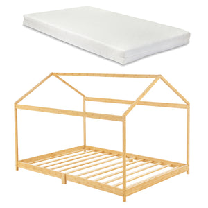 Letto per Cameretta ’Vindafjord’ a Forma di Casetta con Materasso 90x200 cm Bambù Naturale [en.casa]