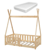 Letto a Capanna Helsingborg con Sponde e Materasso 70 x 140 cm Legno Naturale [en.casa]