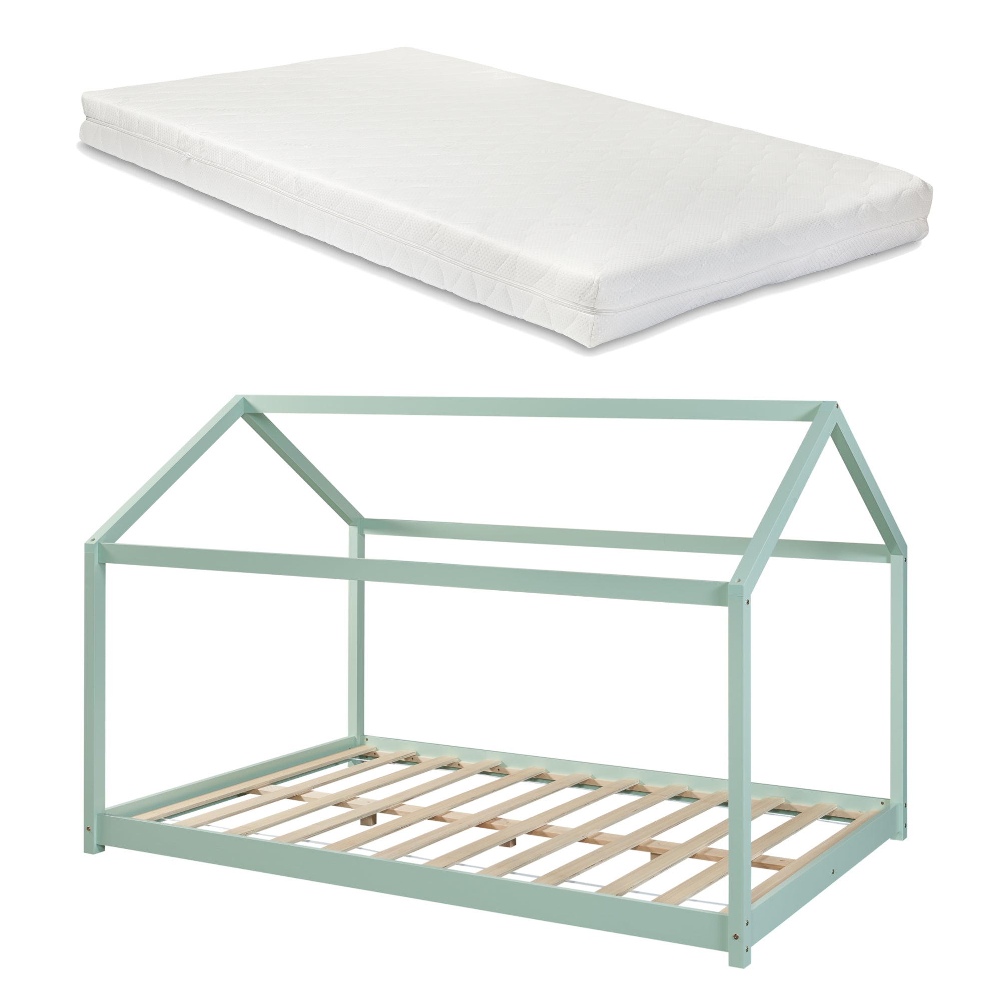 Letto per Cameretta Cerro a Forma di Casetta con Materasso 120 x 200 cm Menta Verde [en.casa]